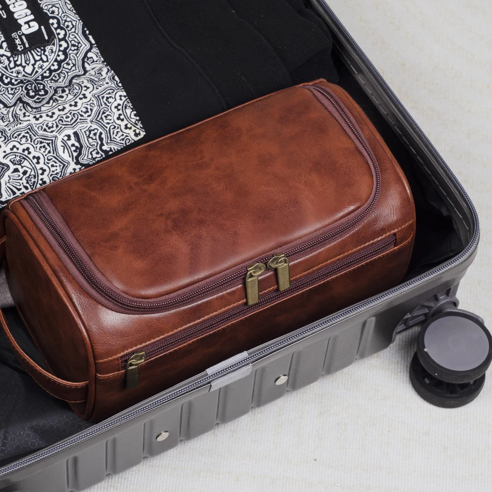 Premium Leather Toiletry Bag for Men – Waterproof Hanging Travel Wash Bag