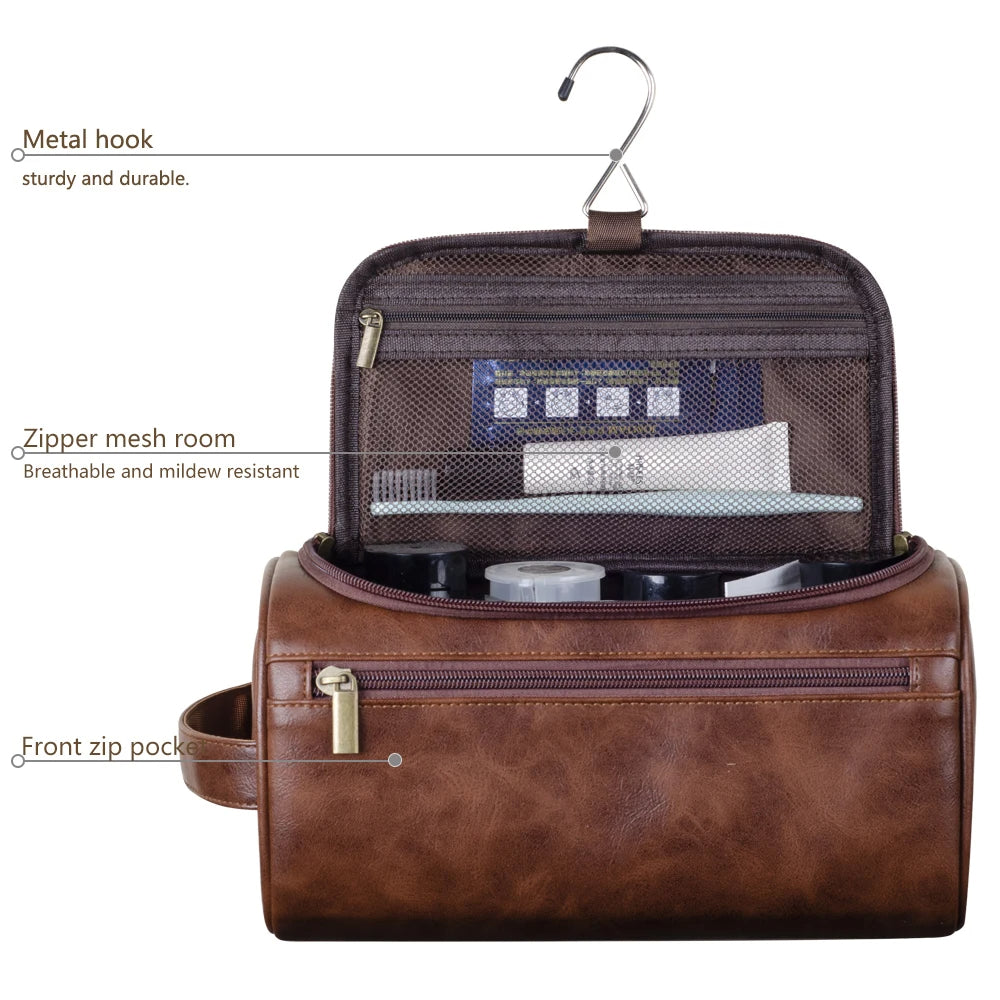 Premium Leather Toiletry Bag for Men – Waterproof Hanging Travel Wash Bag