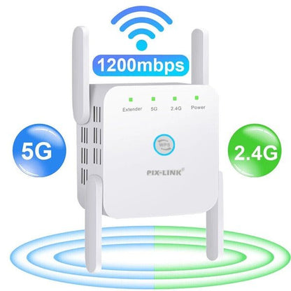SignalBoost Dual-Band WiFi Repeater – 1200Mbps Range Extender with 4 High-Gain Antennas